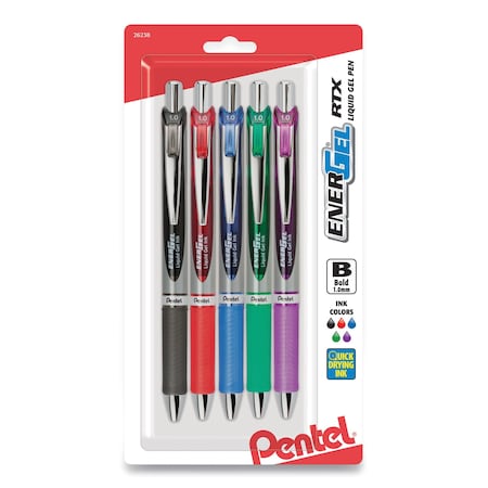 Pentel EnerGel RTX Gel Pen, Retractable, Bold 1 mm, Assorted Ink and Barrel Colors, PK5, 5PK BL80BP5M